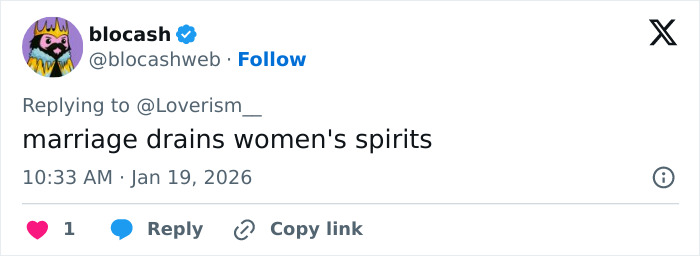Tweet text saying marriage drains women's spirits posted by user blocashweb with a colorful avatar on social media platform.