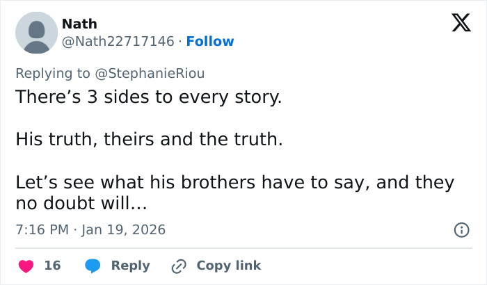 Tweet discussing differing perspectives in family disputes, highlighting Brooklyn Beckham and Nicola Peltz background theories.