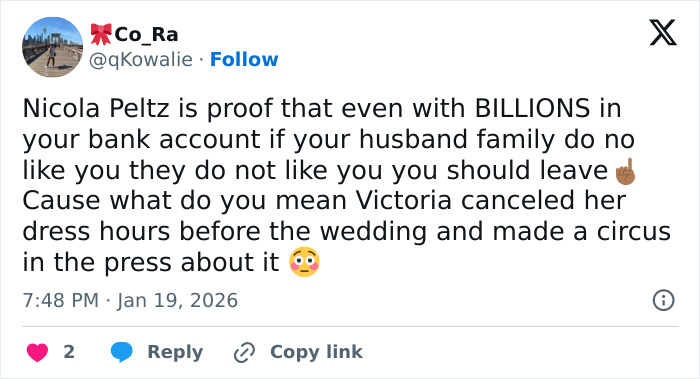 Tweet discussing Nicola Peltz's background and family dynamics amid Brooklyn Beckham's public remarks about parents. Tweet discussing Nicola Peltz's background and family dynamics amid Brooklyn Beckham's public remarks about parents.