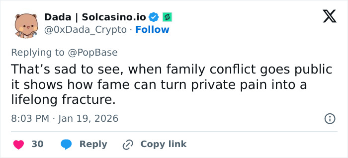 Tweet discussing the impact of family conflict and fame on private pain after Brooklyn Beckham's public disputes. Tweet discussing the impact of family conflict and fame on private pain after Brooklyn Beckham's public disputes.