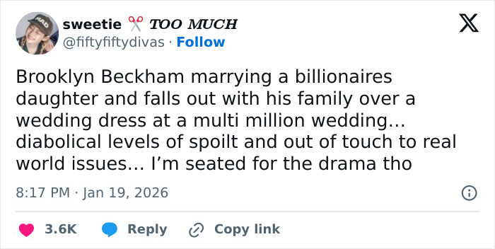 Tweet criticizing Brooklyn Beckham as out of touch amid family feud over wedding dress at a multi-million-dollar wedding.
