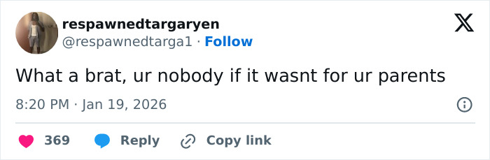 Screenshot of a social media post criticizing Brooklyn Beckham as out of touch amid family feud discussions.