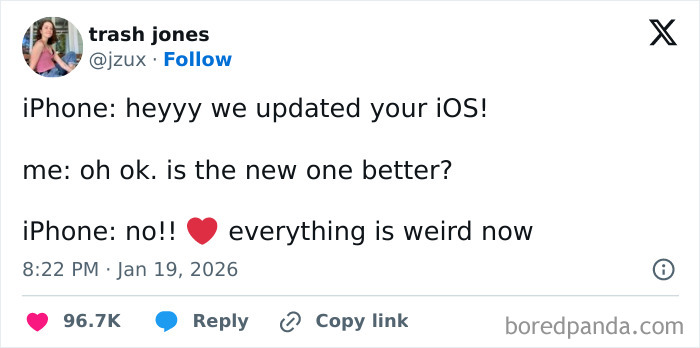 Alt text: A funny social media post about an iPhone update that made everything weird, reflecting internet humor trends in January.