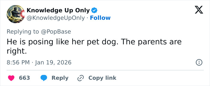 Tweet from Knowledge Up Only criticizing Brooklyn Beckham and mentioning parents, sparking theories about Nicola Peltz's background.