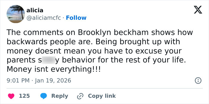 Tweet criticizing Brooklyn Beckham for being out of touch amid family feud, mentioning money and behavior in the discussion.