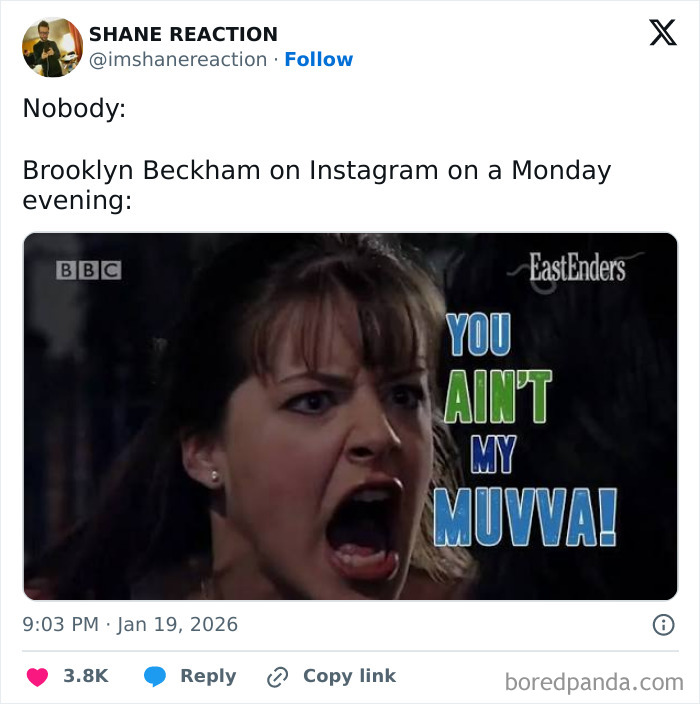 Meme showing a woman yelling with text about Brooklyn Beckham, related to Victoria Beckham memes at son’s wedding.