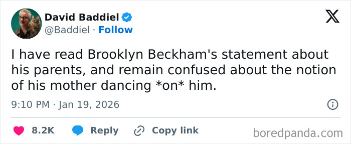 Tweet by David Baddiel humorously reacting to Brooklyn Beckham’s statement about his mother dancing on him.
