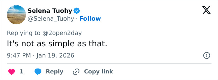 Tweet from Selena Tuohy replying to a comment with text about complexity, related to Brooklyn Beckham family feud discussion.