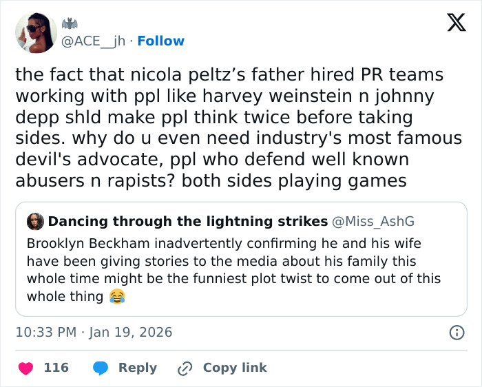Tweet discussing Nicola Peltz's background and Brooklyn Beckham's family stories sparking public theories online. Tweet discussing Nicola Peltz's background and Brooklyn Beckham's family stories sparking public theories online.