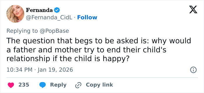 Tweet by Fernanda questioning parents trying to end child's relationship, relates to Brooklyn Beckham and Nicola Peltz background theories. Tweet by Fernanda questioning parents trying to end child's relationship, relates to Brooklyn Beckham and Nicola Peltz background theories.
