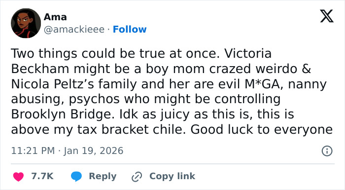 Tweet discussing Brooklyn Beckham amid family feud, calling him out of touch in a fiery social media post.