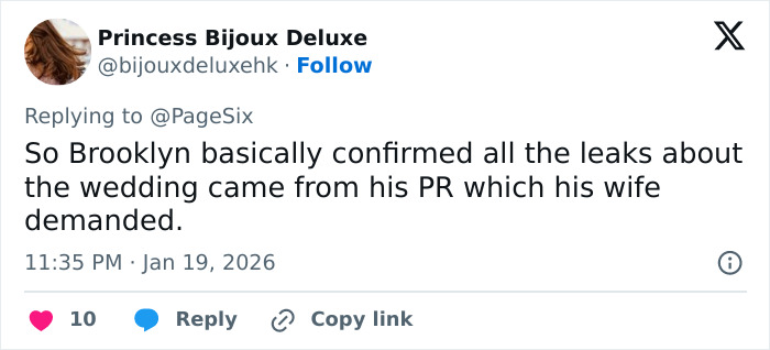 Tweet from Princess Bijoux Deluxe claiming Brooklyn confirmed wedding leaks from his PR, linking to Brooklyn Beckham accusations controversy.