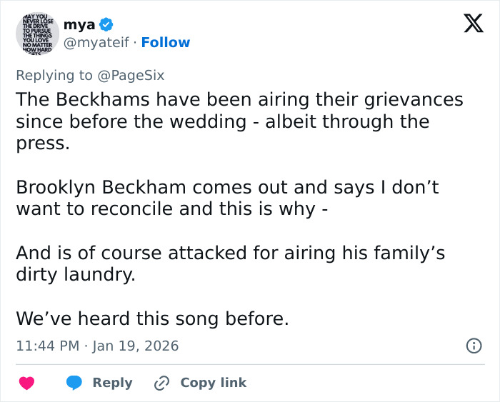 Tweet discussing Brooklyn Beckham's biting accusations against parents, fan reactions, and spotted contradictions in the family feud.