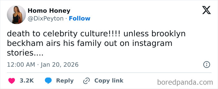 Tweet discussing celebrity culture mentioning Brooklyn Beckham airing family moments on Instagram, related to Victoria Beckham spotlight.