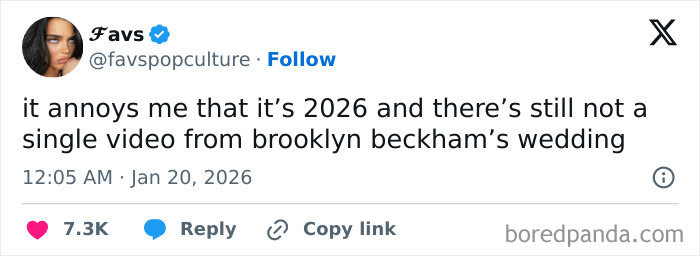 Tweet about the lack of wedding videos from Brooklyn Beckham’s ceremony, highlighting public reaction and memes about Victoria Beckham.