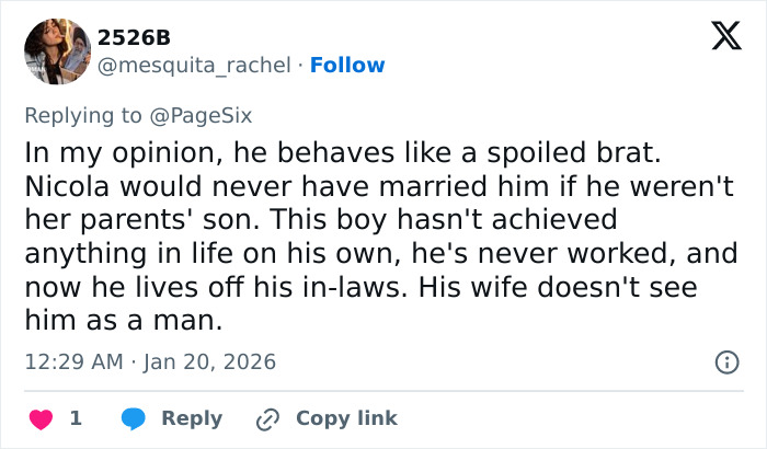 Screenshot of a social media reply criticizing Brooklyn Beckham&rsquo;s behavior amid accusations against parents.