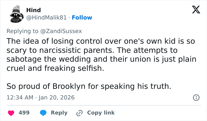 Tweet supporting Brooklyn Beckham's biting accusations against parents, sparking controversy and fans spotting contradiction.