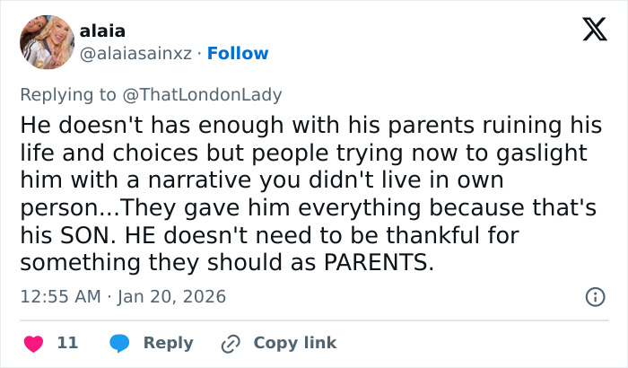 Twitter user defending Brooklyn Beckham against criticism amid family feud controversy in a social media post.