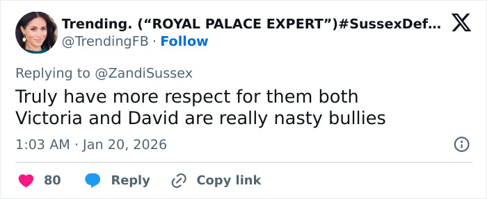 Screenshot of a tweet accusing Victoria and David Beckham of being nasty bullies amid Brooklyn Beckham's biting accusations against parents controversy.