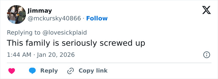 Screenshot of a Twitter reply criticizing a family feud, related to Brooklyn Beckham being slammed as out of touch.