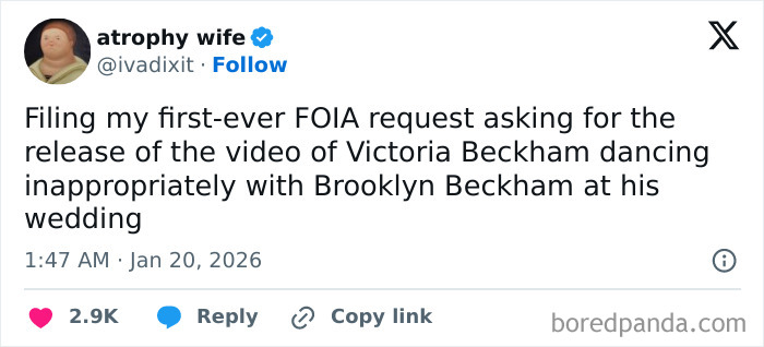Tweet requesting FOIA release of video showing Victoria Beckham dancing with Brooklyn Beckham at his wedding.