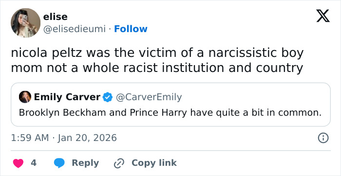 Tweet discussing Nicola Peltz's background amid Brooklyn Beckham's controversy involving his parents.