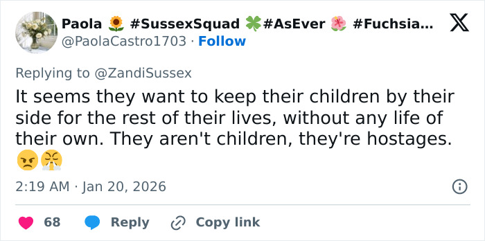 Screenshot of a tweet accusing parents of keeping children like hostages, related to Brooklyn Beckham&rsquo;s biting accusations controversy.