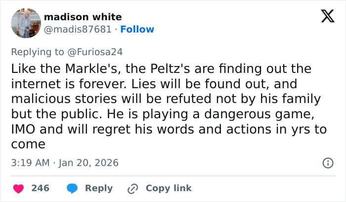 Screenshot of a social media post discussing Brooklyn Beckham's accusations and public reactions highlighting contradictions and backlash.