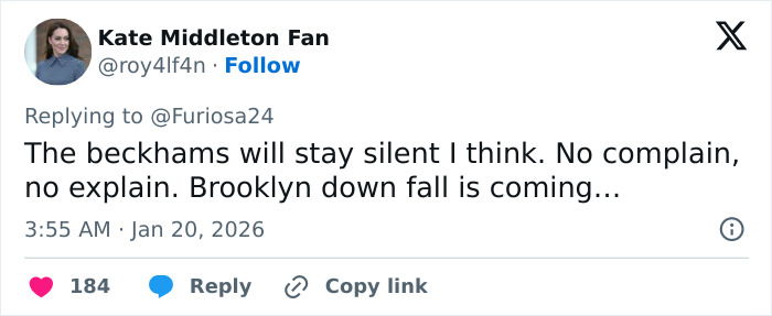 Screenshot of a tweet discussing Brooklyn Beckham&rsquo;s biting accusations against parents and fans spotting contradictions online.