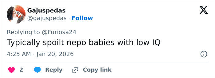 Twitter reply criticizing nepotism with a comment about nepo babies and low IQ, related to Brooklyn Beckham accusations.