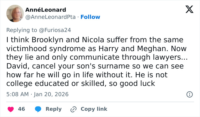 Tweet criticizing Brooklyn Beckham&rsquo;s accusations against parents, highlighting perceived victimhood and family issues online.