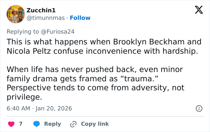 Tweet criticizing Brooklyn Beckham's family drama claims, highlighting contradictions in his accusations against parents.
