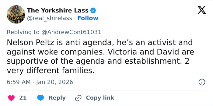 Tweet from The Yorkshire Lass discussing Nelson Peltz's activism amidst family controversy involving Brooklyn Beckham. Tweet from The Yorkshire Lass discussing Nelson Peltz's activism amidst family controversy involving Brooklyn Beckham.