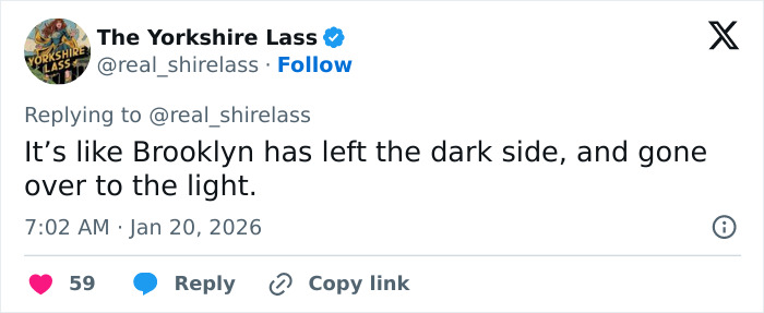 Tweet from The Yorkshire Lass discussing Brooklyn Beckham leaving the dark side and sparking theories about Nicola Peltz's background. Tweet from The Yorkshire Lass discussing Brooklyn Beckham leaving the dark side and sparking theories about Nicola Peltz's background.