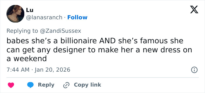 Screenshot of a tweet replying to @ZandiSussex discussing fame and designer dresses amidst Brooklyn Beckham accusations.