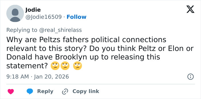 Tweet discussing Nicola Peltz's background and Brooklyn Beckham's public comments involving family and politics.