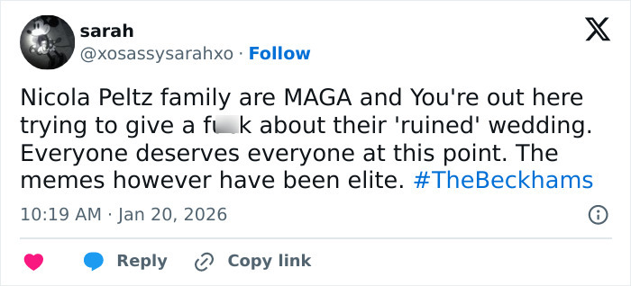 Tweet discussing Nicola Peltz family background and its connection to theories after Brooklyn Beckham's public comments. Tweet discussing Nicola Peltz family background and its connection to theories after Brooklyn Beckham's public comments.