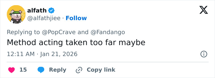 Tweet from user alfathjjee commenting on method acting in relation to Margot Robbie's on-set relationship with Wuthering Heights co-star Jacob Elordi. Tweet from user alfathjjee commenting on method acting in relation to Margot Robbie's on-set relationship with Wuthering Heights co-star Jacob Elordi.