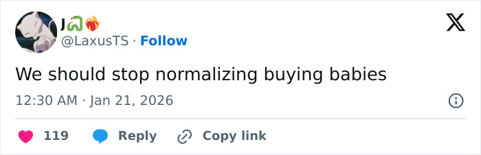 Tweet stating we should stop normalizing buying babies in response to Meghan Trainor's secret surrogate baby news.