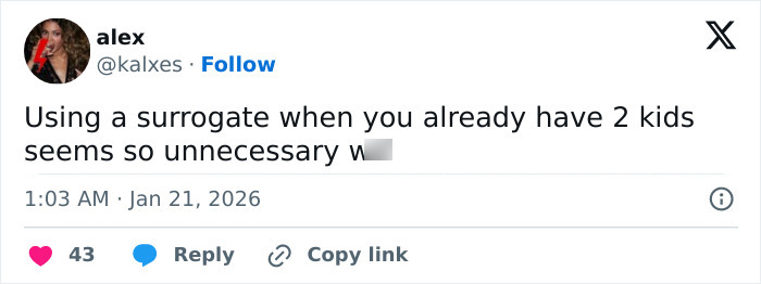 Tweet discussing Meghan Trainor's secret surrogate baby, questioning the necessity of using a surrogate with existing kids.