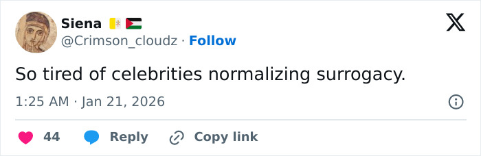 Tweet reading so tired of celebrities normalizing surrogacy, relating to Meghan Trainor's secret surrogate baby story.