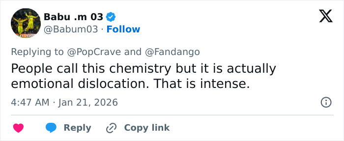 Tweet discussing the intense emotional chemistry between Margot Robbie and Jacob Elordi on the Wuthering Heights set. Tweet discussing the intense emotional chemistry between Margot Robbie and Jacob Elordi on the Wuthering Heights set.