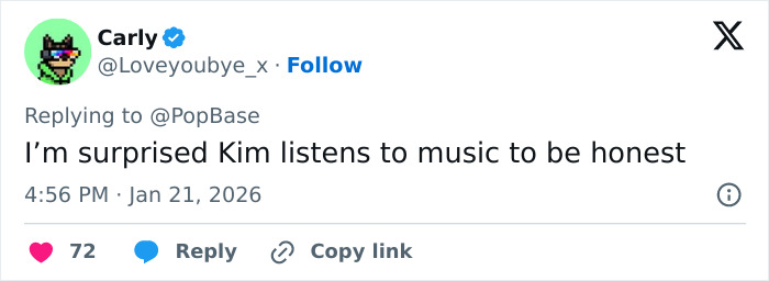 Tweet from user Carly expressing surprise that Kim listens to music, relating to Kim Kardashian's Taylor Swift comments sparking suspicion.