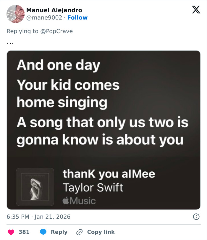 Screenshot of a tweet referencing Taylor Swift lyrics amid Kim Kardashian comments and Blake Lively text reveal speculation. Screenshot of a tweet referencing Taylor Swift lyrics amid Kim Kardashian comments and Blake Lively text reveal speculation.