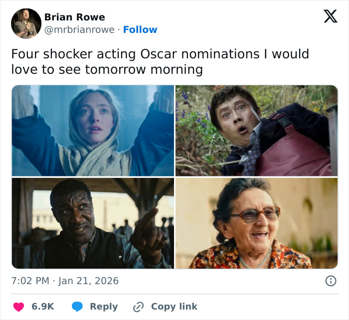 Four shocked actors in scenes, highlighting diverse performances in 2026 Oscar nominations from the Academy release.