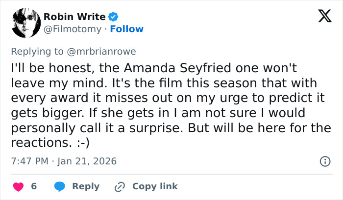 Tweet discussing Amanda Seyfried’s potential in the 2026 Oscar nominations and audience reactions anticipated.
