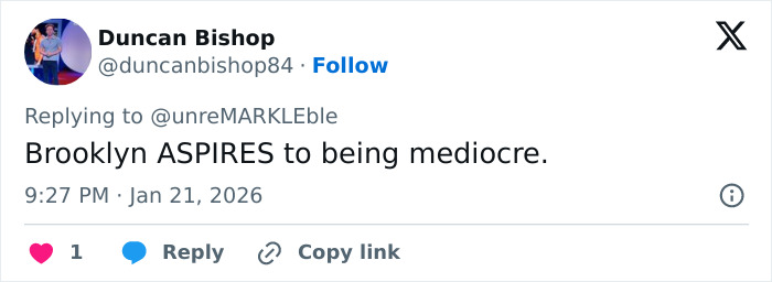 Screenshot of a tweet criticizing self-proclaimed chef Brooklyn Beckham's breakfast video amid family feud discussions. Screenshot of a tweet criticizing self-proclaimed chef Brooklyn Beckham's breakfast video amid family feud discussions.