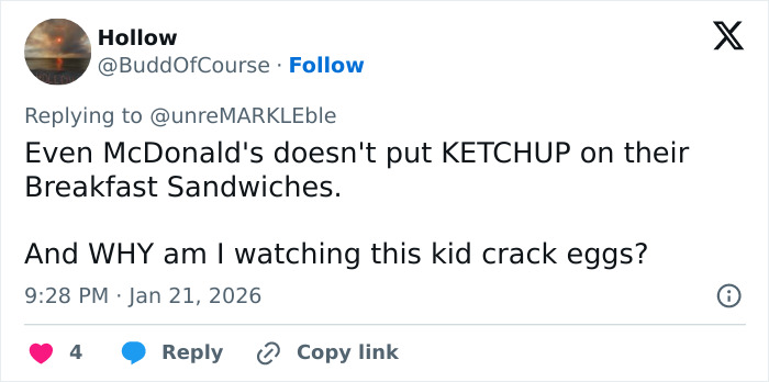 Tweet criticizing Brooklyn Beckham's breakfast video calling it laughable amid family feud and self-proclaimed chef claims.