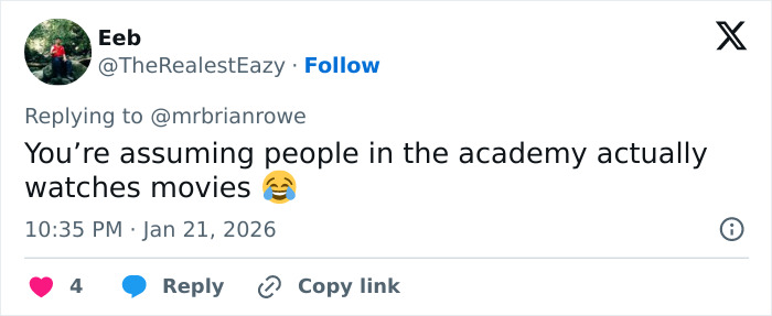 Tweet about the Academy releasing 2026 Oscar nominations, questioning if Academy members watch movies, with a laughing emoji.