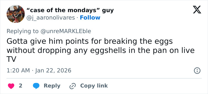 Twitter reply praising Brooklyn Beckham's breakfast cooking skills amid family feud and online roasting. Twitter reply praising Brooklyn Beckham's breakfast cooking skills amid family feud and online roasting.